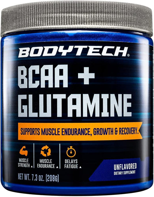 BodyTech Unflavored BCAA + Glutamine Powder for Muscle Recovery, Endurance, Hydration, and Lean Muscle Growth - 7.3 oz / 30 Servings