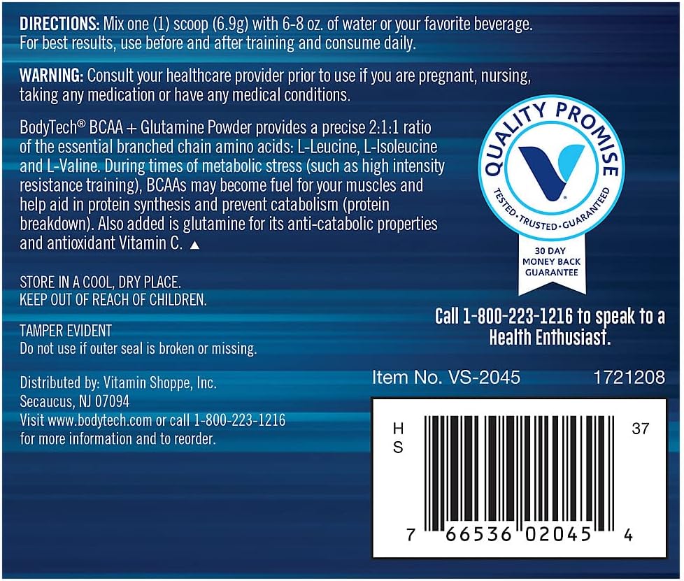 BodyTech Unflavored BCAA + Glutamine Powder for Muscle Recovery, Endurance, Hydration, and Lean Muscle Growth - 7.3 oz / 30 Servings