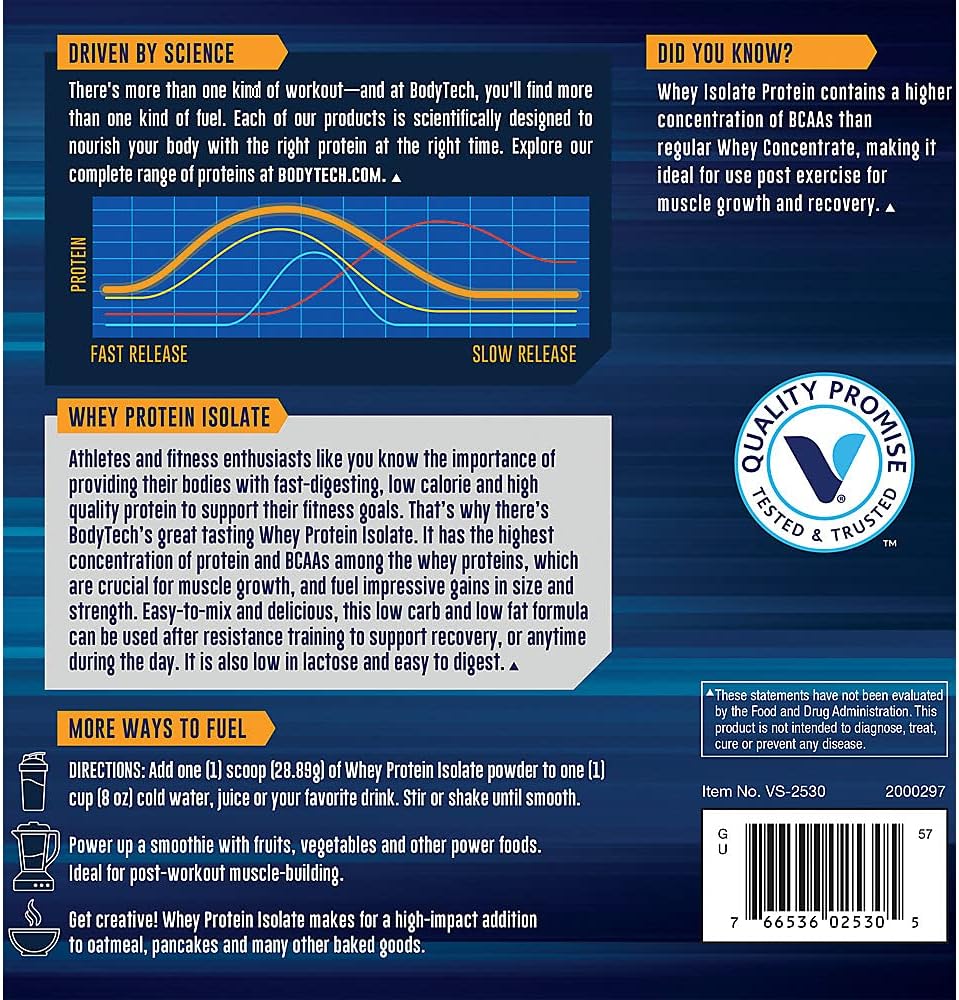 BodyTech Vanilla Whey Protein Isolate Powder - 25g Protein, BCAA's, Muscle Growth, 3lb