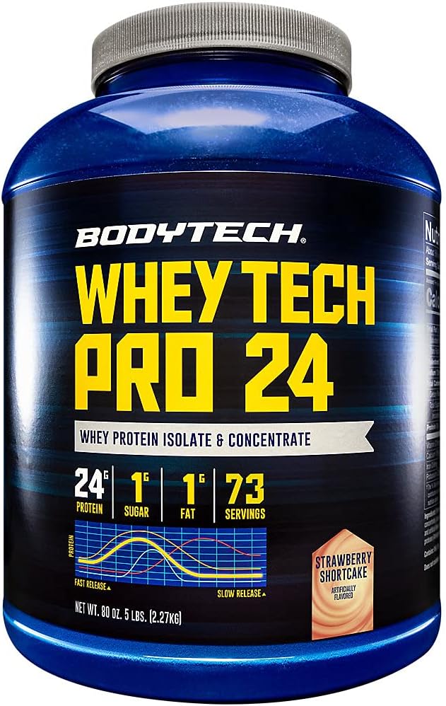 BodyTech Whey Tech Pro 24 Protein Powder with BCAA's for Muscle Growth & Recovery - Strawberry Shortcake (5 lb)