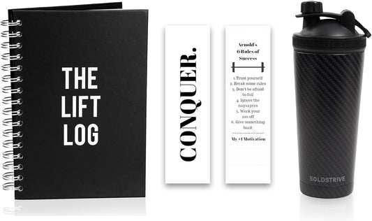 Boldstrive Stainless Steel Protein Shaker Bottle with Carbon Fiber Wrap, Insulated Water Bottle & 6 Month Fitness Journal