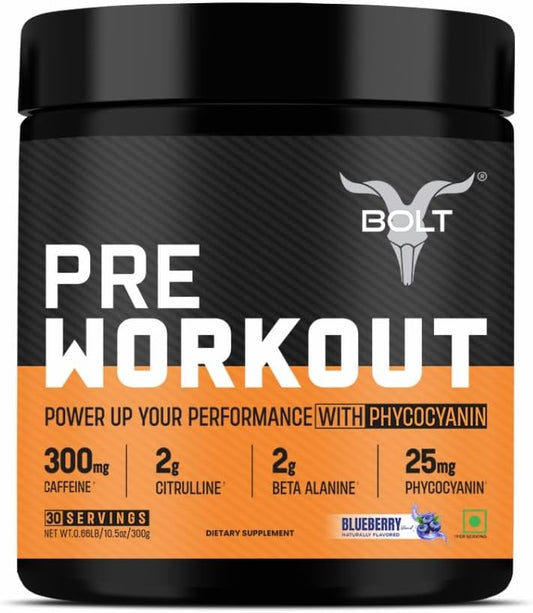 Bolt Nutrition Pre Workout Supplement - Enhanced Energy, Focus & Pump - 300g, 30 Servings - Blue Berry Flavor
