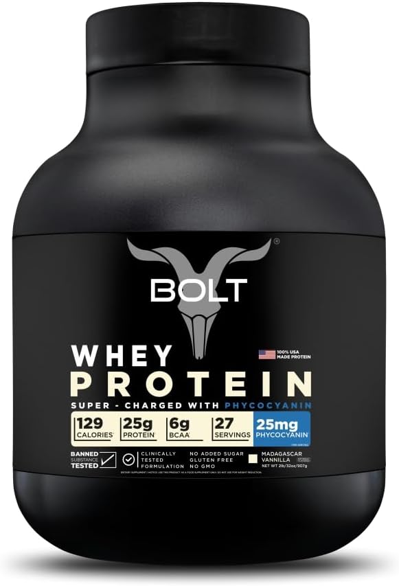 Bolt Nutrition Whey Protein Powder with Phycocyanin for Muscle Building & Recovery | 25g Protein, 6g BCAA | 2LB Madagascar Vanilla