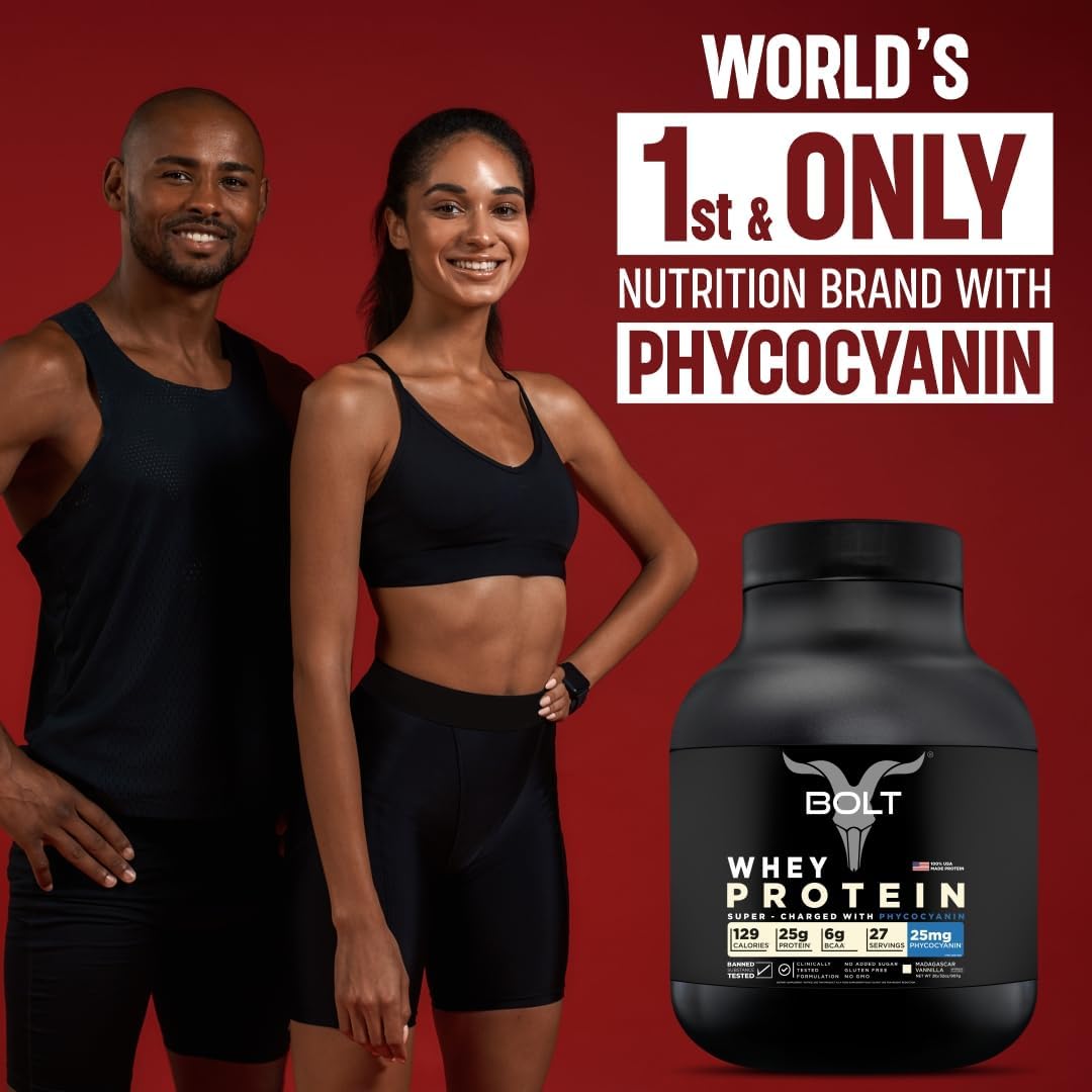 Bolt Nutrition Whey Protein Powder with Phycocyanin for Muscle Building & Recovery | 25g Protein, 6g BCAA | 2LB Madagascar Vanilla