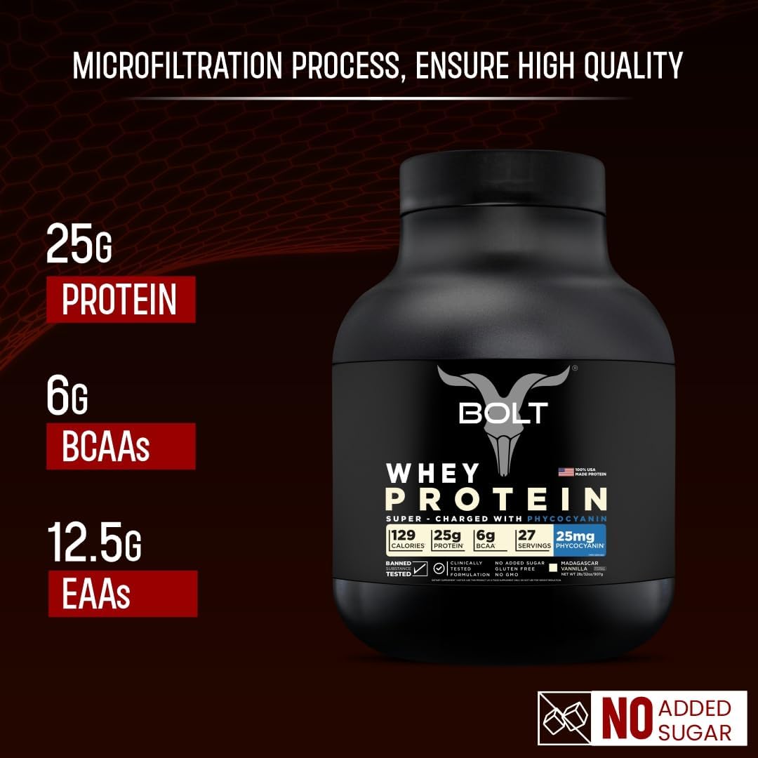 Bolt Nutrition Whey Protein Powder with Phycocyanin for Muscle Building & Recovery | 25g Protein, 6g BCAA | 2LB Madagascar Vanilla