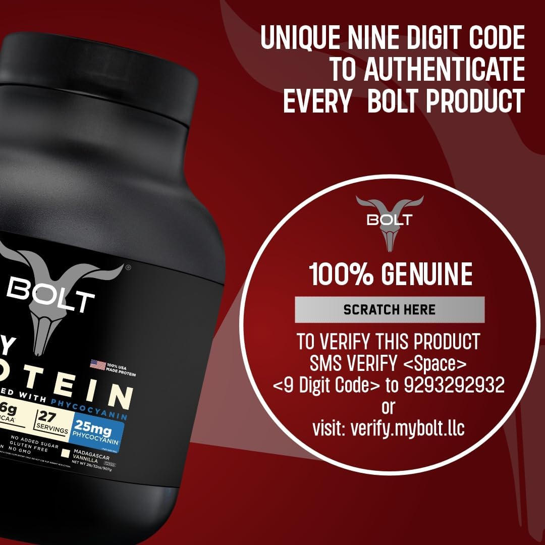 Bolt Nutrition Whey Protein Powder with Phycocyanin for Muscle Building & Recovery | 25g Protein, 6g BCAA | 2LB Madagascar Vanilla