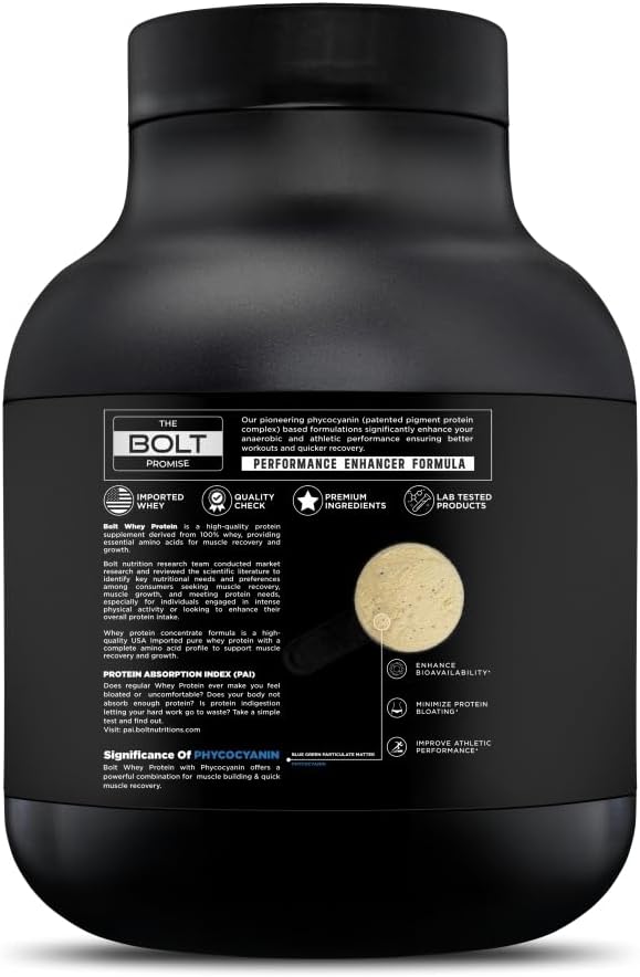 Bolt Nutrition Whey Protein Powder with Phycocyanin for Muscle Building & Recovery | 25g Protein, 6g BCAA | 2LB Madagascar Vanilla