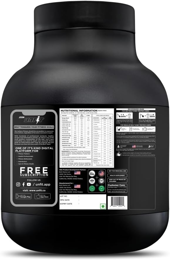 Bolt Nutrition Whey Protein Powder with Phycocyanin for Muscle Building & Recovery | 25g Protein, 6g BCAA | 2LB Madagascar Vanilla