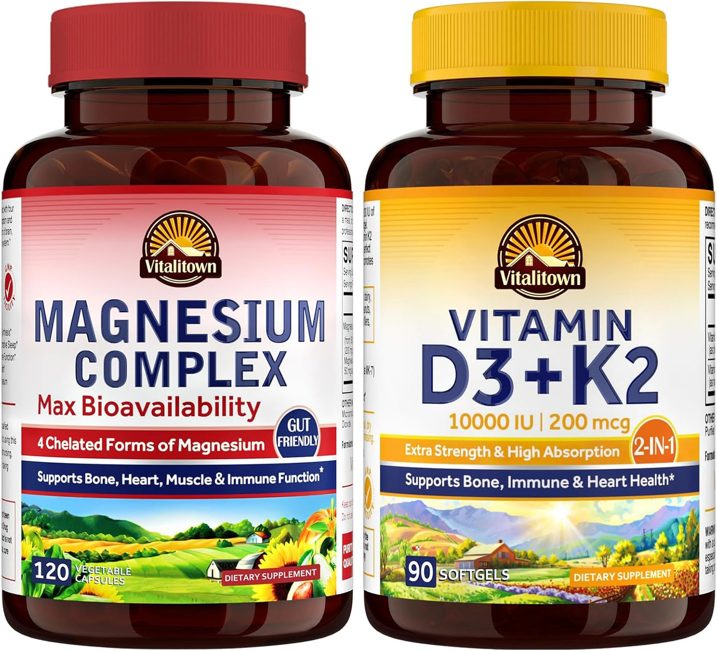 Bone, Heart, and Immune Support Bundle with Magnesium, Vitamin D3, and K2 - Pack of 2 | Magnesium Glycinate, 10000IU D3, MK-7 | 120 Capsules & 90 Softgels