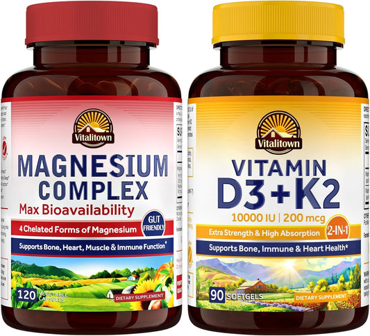Bone, Heart, and Immune Support Bundle with Magnesium, Vitamin D3, and K2 - Pack of 2 | Magnesium Glycinate, 10000IU D3, MK-7 | 120 Capsules & 90 Softgels