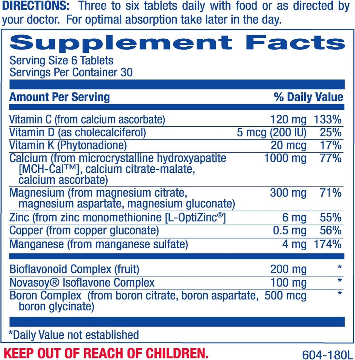 Bone Support Calcium Complex - 180 Tablets with Vitamins C, D, K, Zinc, and Magnesium for Bone Health - Women and Men's Calcium Supplement