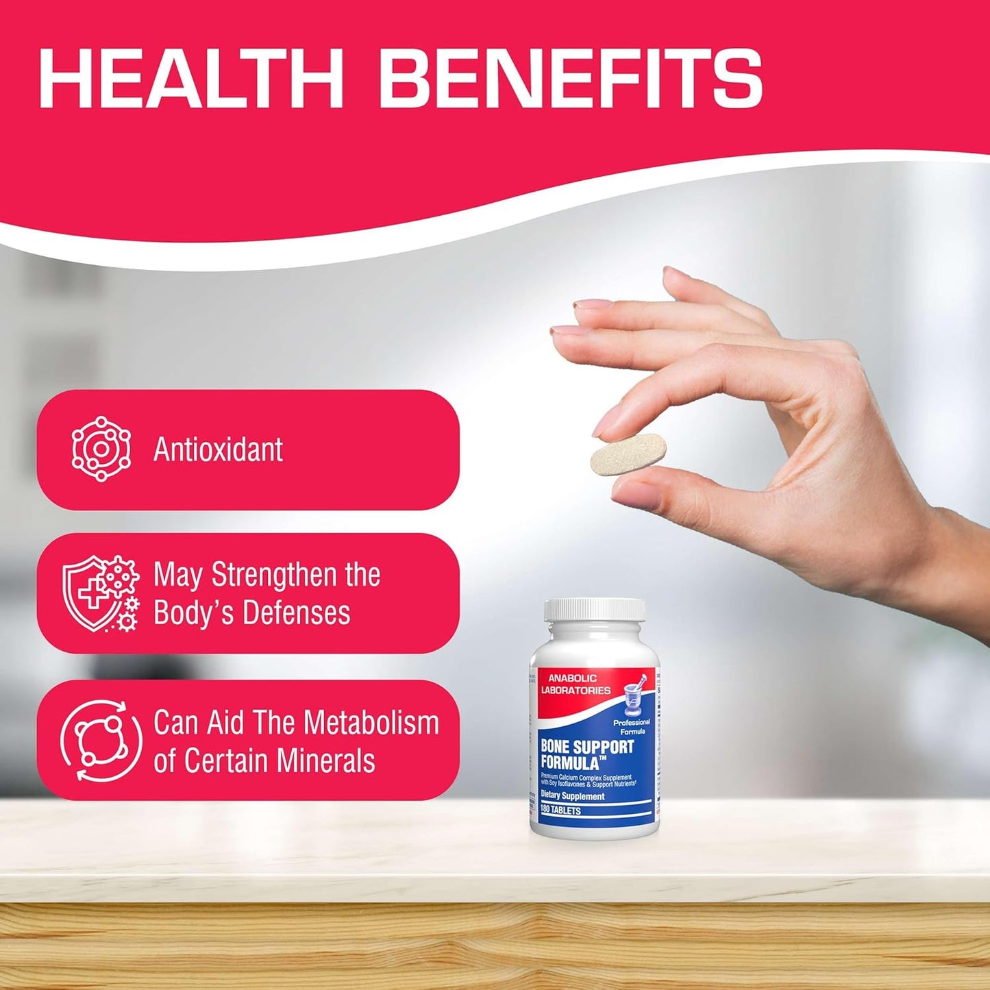 Bone Support Calcium Complex - 180 Tablets with Vitamins C, D, K, Zinc, and Magnesium for Bone Health - Women and Men's Calcium Supplement