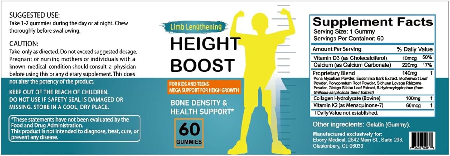Bone Support Gummies for Kids and Teens - Natural Curves Height Boost with K2, Calcium, Vitamin D3, and Collagen Hydrolysate