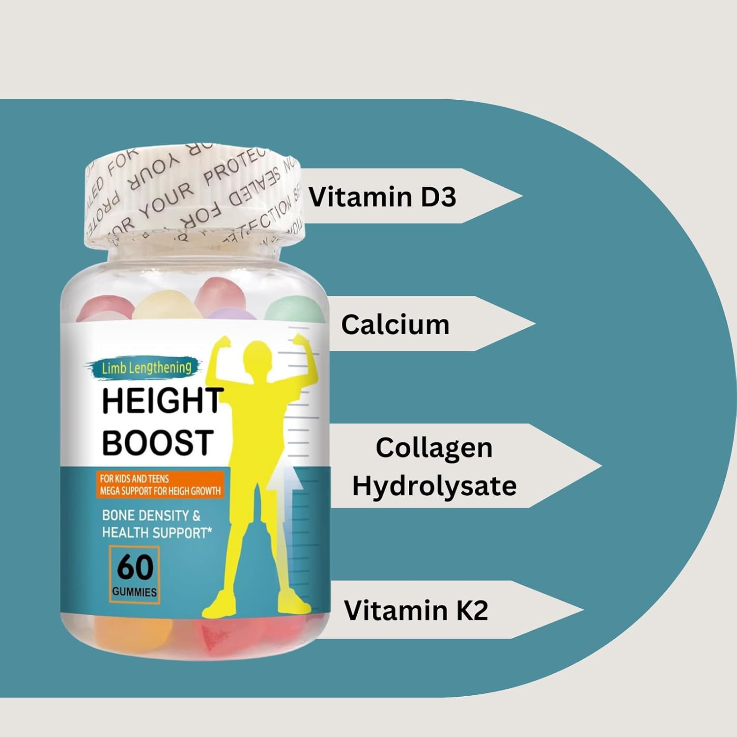 Bone Support Gummies for Kids and Teens - Natural Curves Height Boost with K2, Calcium, Vitamin D3, and Collagen Hydrolysate