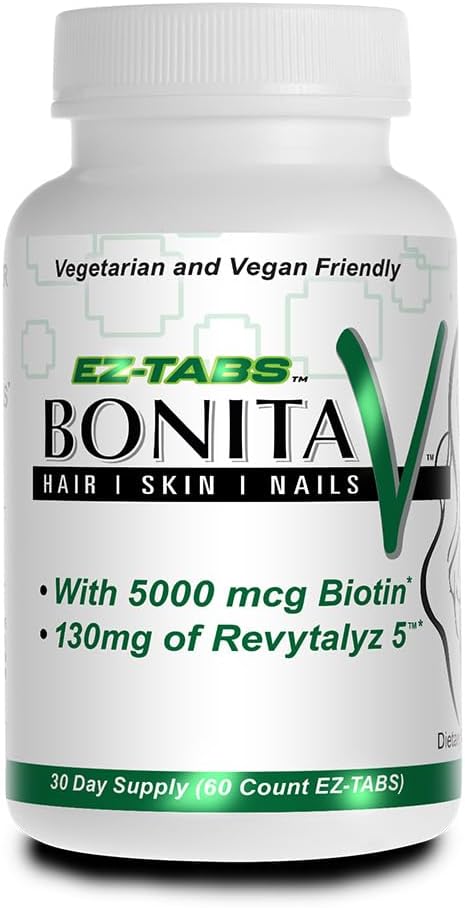 Bonita V Vegan Hair Nails and Skin Vitamins for Women - 20 Active Ingredients with Biotin - Promotes Stronger Nails, Healthy Skin, and Hair Growth - 60 EZ-TAB Veggie Tablets