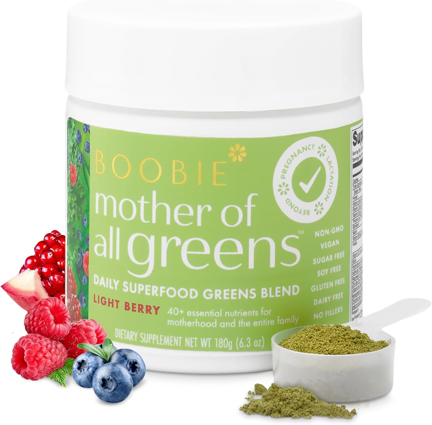 Boobie Mother of All Greens: Daily Super Greens Powder for Moms & Families | Vegan, Gluten-Free, Sugar-Free | 40+ Essential Nutrients | Light Berry Flavor | 30 Servings