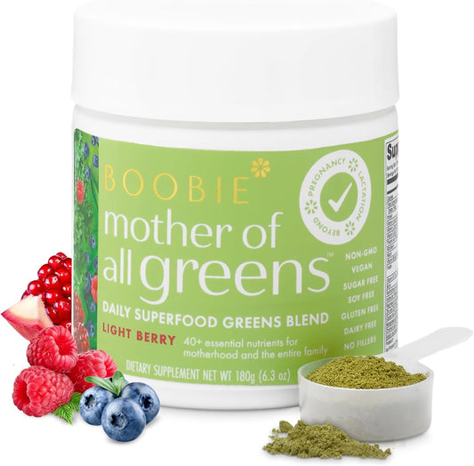 Boobie Mother of All Greens: Daily Super Greens Powder for Moms & Families | Vegan, Gluten-Free, Sugar-Free | 40+ Essential Nutrients | Light Berry Flavor | 30 Servings