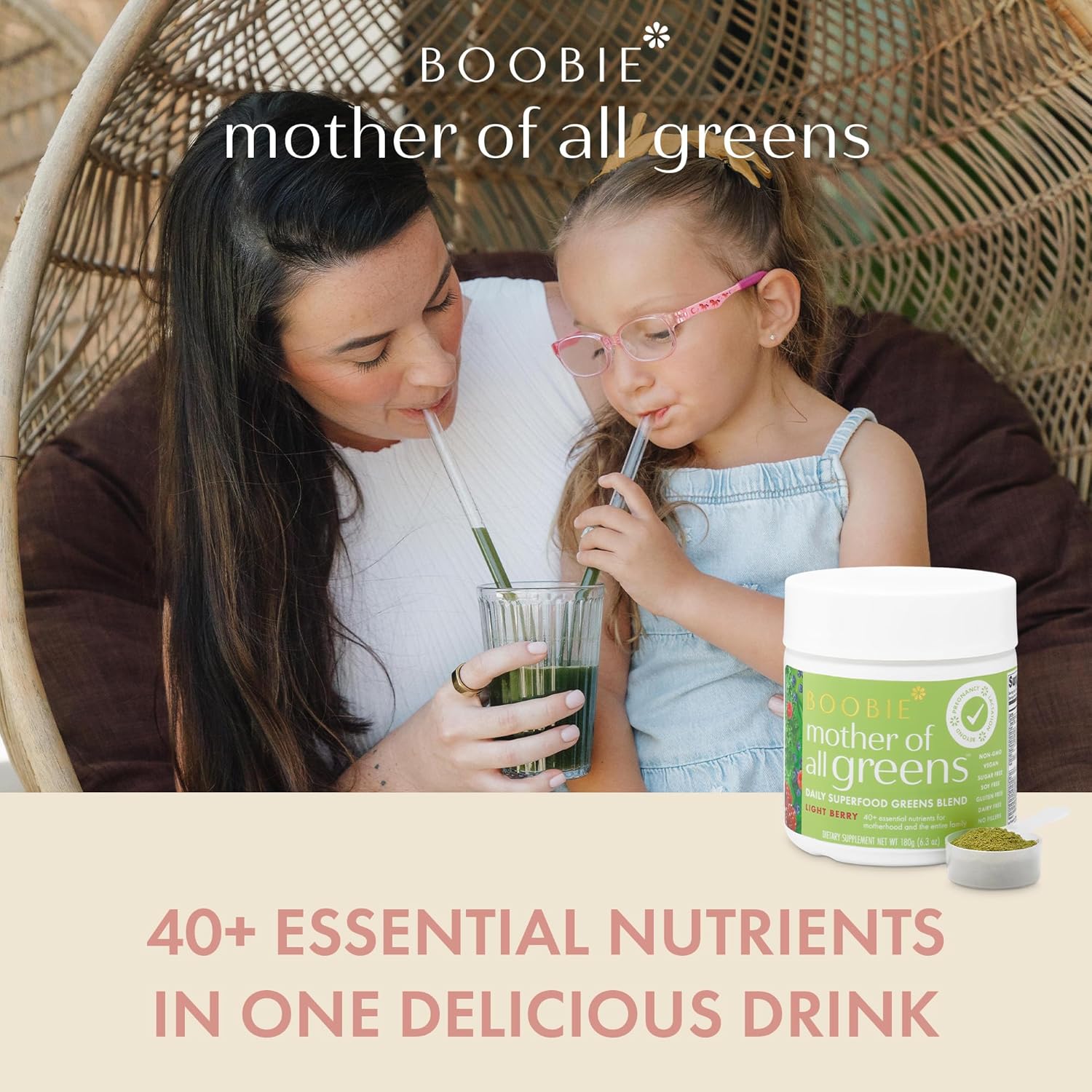 Boobie Mother of All Greens: Daily Super Greens Powder for Moms & Families | Vegan, Gluten-Free, Sugar-Free | 40+ Essential Nutrients | Light Berry Flavor | 30 Servings