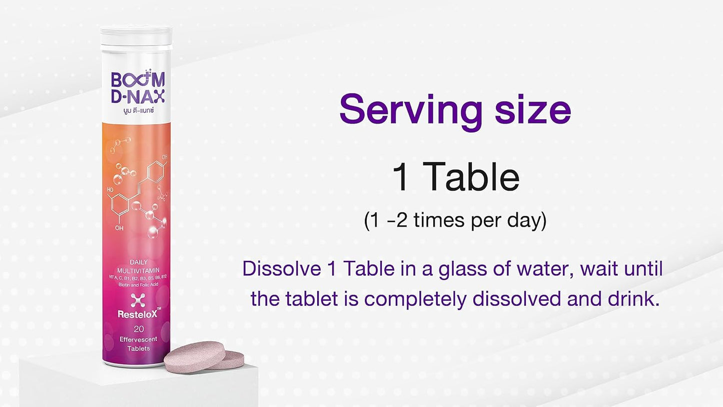 BOOM D-NAX Daily Multi-Vitamin Effervescent Tablets with VIT A, C, B1, B2, B3, B5, B6, B12, Biotin, and Folic Acid for Energy Boost, 80g