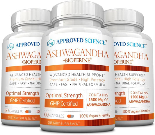 Boost Mood & Energy with Approved Science Ashwagandha 1500mg Capsules - 180 Vegan Friendly Capsules with Bioperine® and Ginger