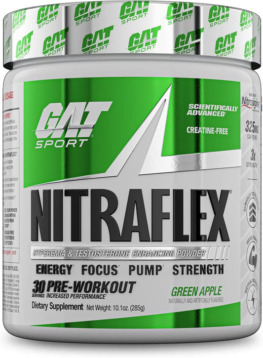 Boost Strength & Energy with GAT SPORT Nitraflex Advanced Pre-Workout Powder - Green Apple Flavor, 30 Servings