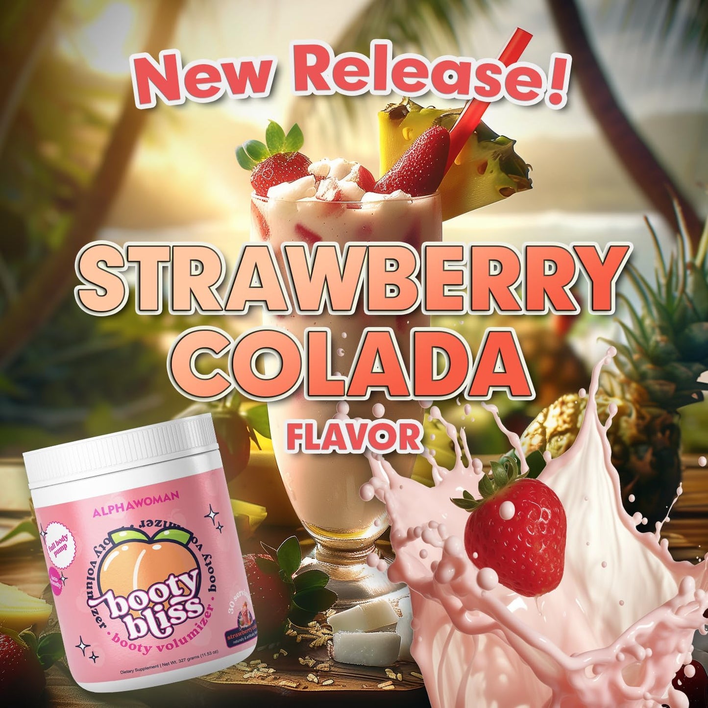 Booty Bliss Creatine for Women Pre Workout with Collagen - Keto Friendly Peach Builder - 30 Servings Strawberry Colada Flavor