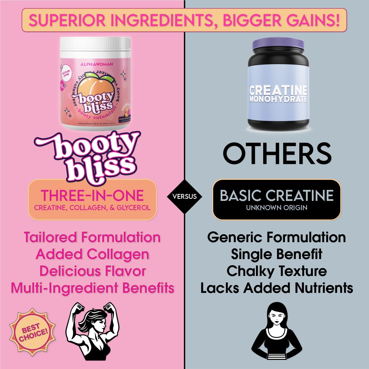 Booty Bliss Creatine for Women Pre Workout with Collagen - Keto Friendly Peach Builder - 30 Servings Strawberry Colada Flavor