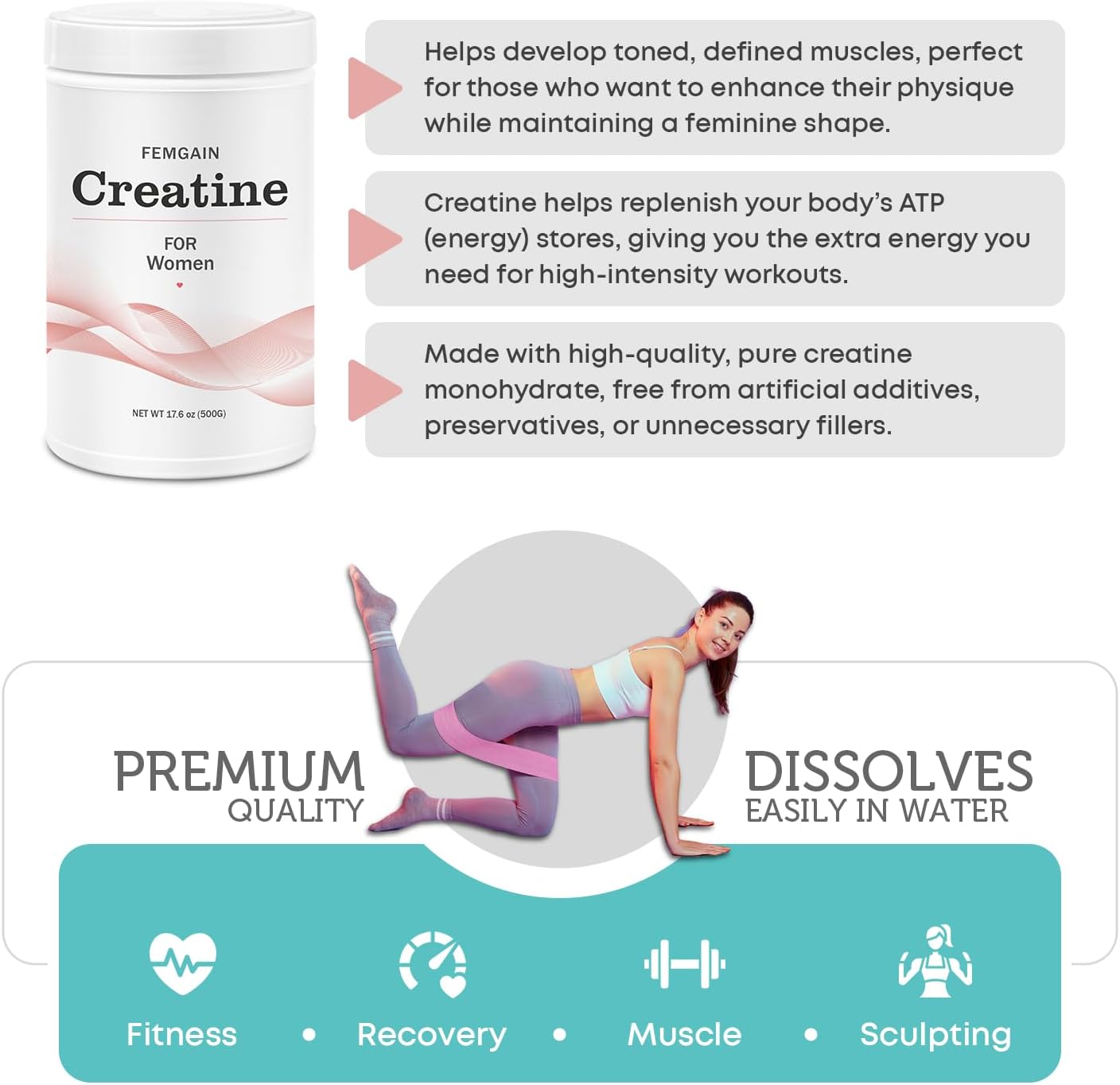 Booty Builder Creatine Powder 500g - FEMGAIN Monohydrate for Women