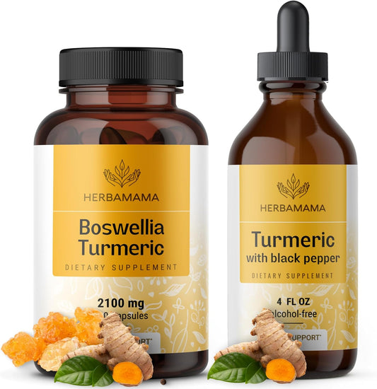 Boswellia and Turmeric Bundle - 2100mg Boswellia Turmeric Capsules & Liquid Turmeric with Black Pepper Tincture - Vegan, Non-GMO - 2 Pack