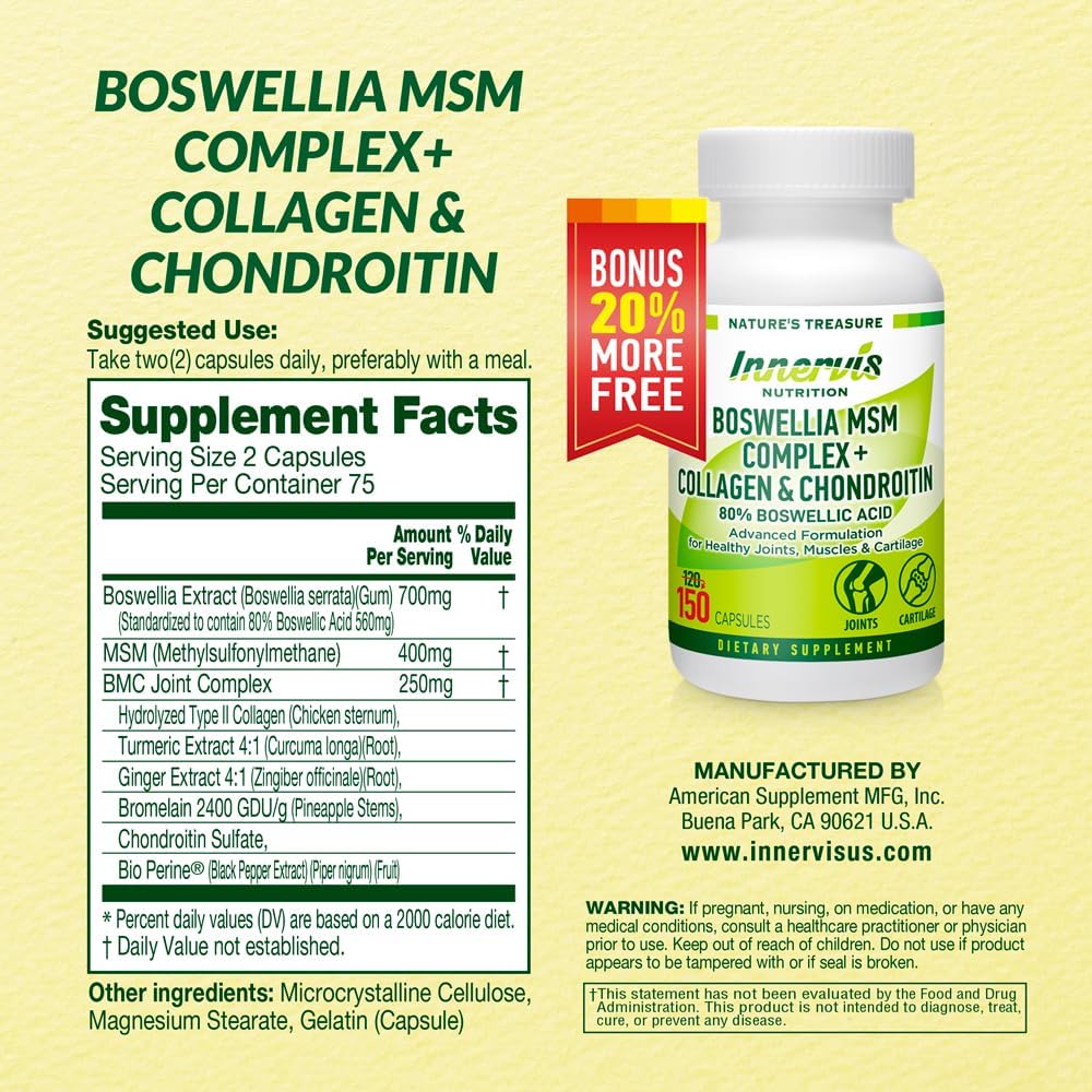 Boswellia MSM Complex with Collagen & Chondroitin | Joint Support Supplement | Mobility & Flexibility | Turmeric, Ginger, Bromelain | 150 Capsules