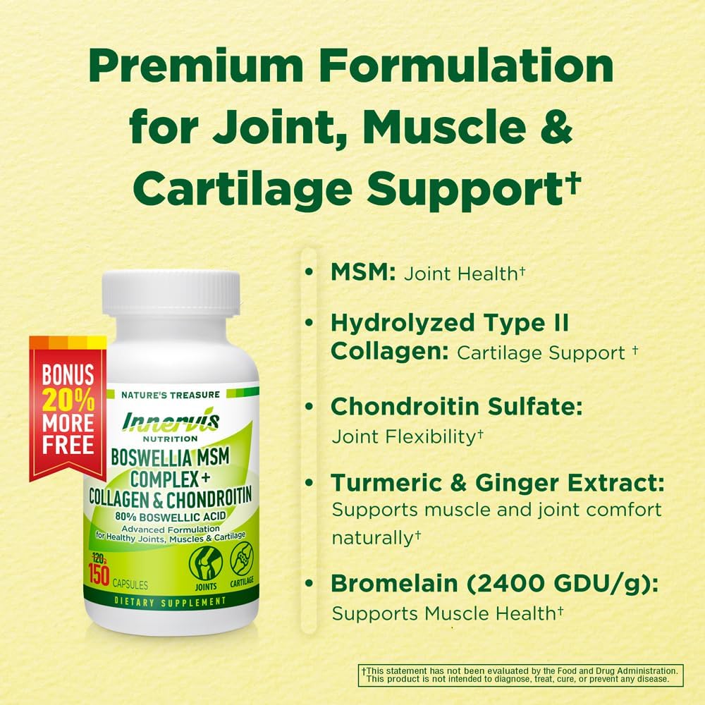 Boswellia MSM Complex with Collagen & Chondroitin | Joint Support Supplement | Mobility & Flexibility | Turmeric, Ginger, Bromelain | 150 Capsules