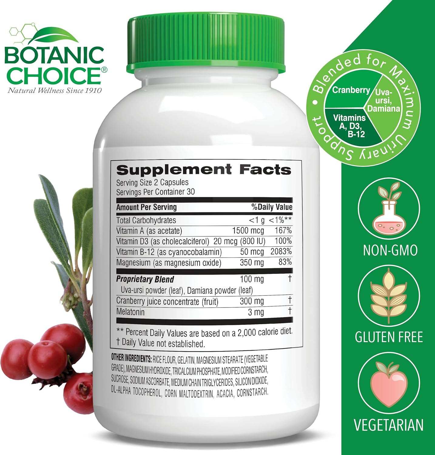 Botanic Choice Pro-Advanced Urinary Formula - Supports Urinary Tract Health - 60 Capsules with Magnesium, Cranberry, Uva Ursi, and Damiana