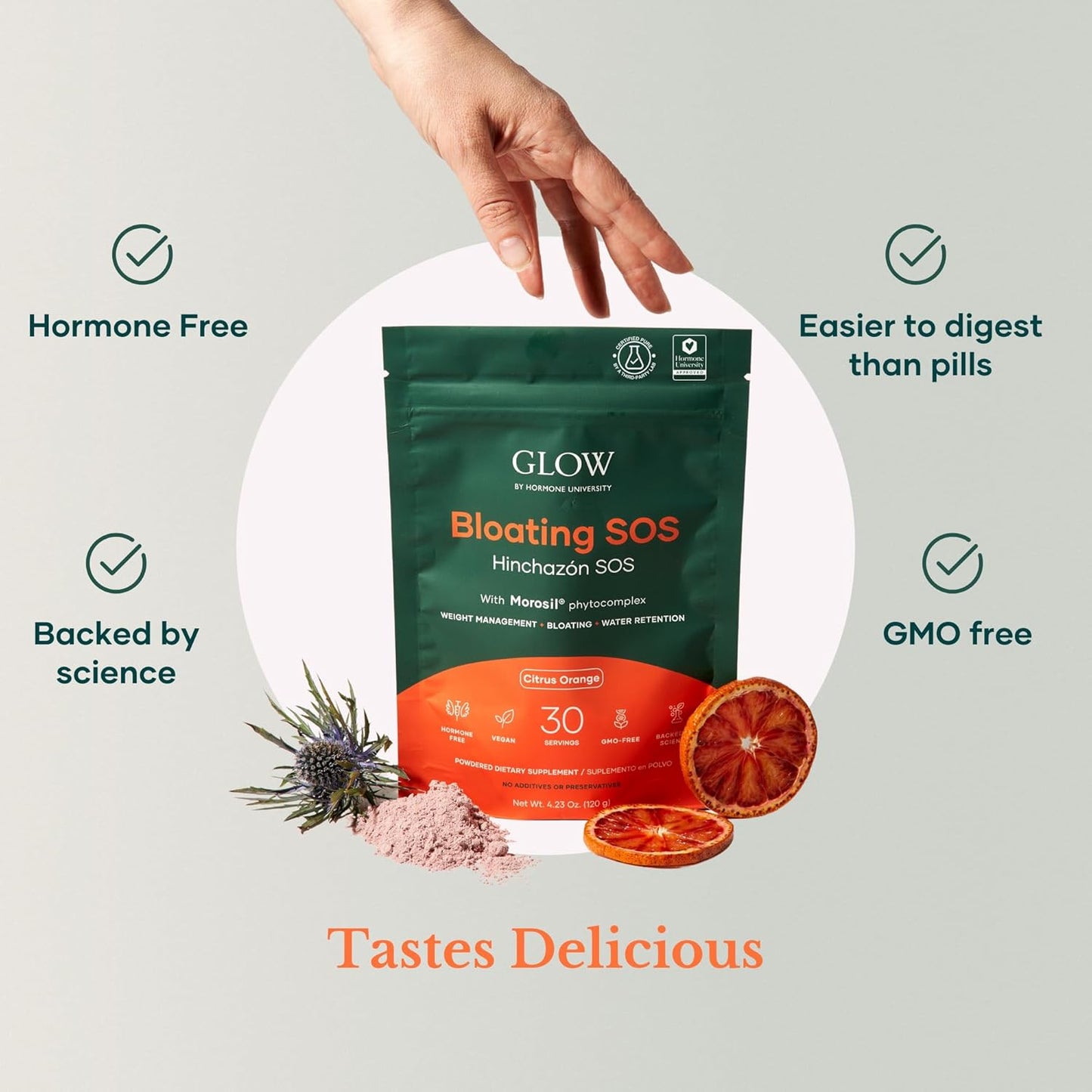 Botanical Glow Bloating Relief Powder for Women - 4.23 Oz with Morosil & Digestive Enzymes for Water Retention, Metabolism, and Gut Health - Citrus Orange Flavor