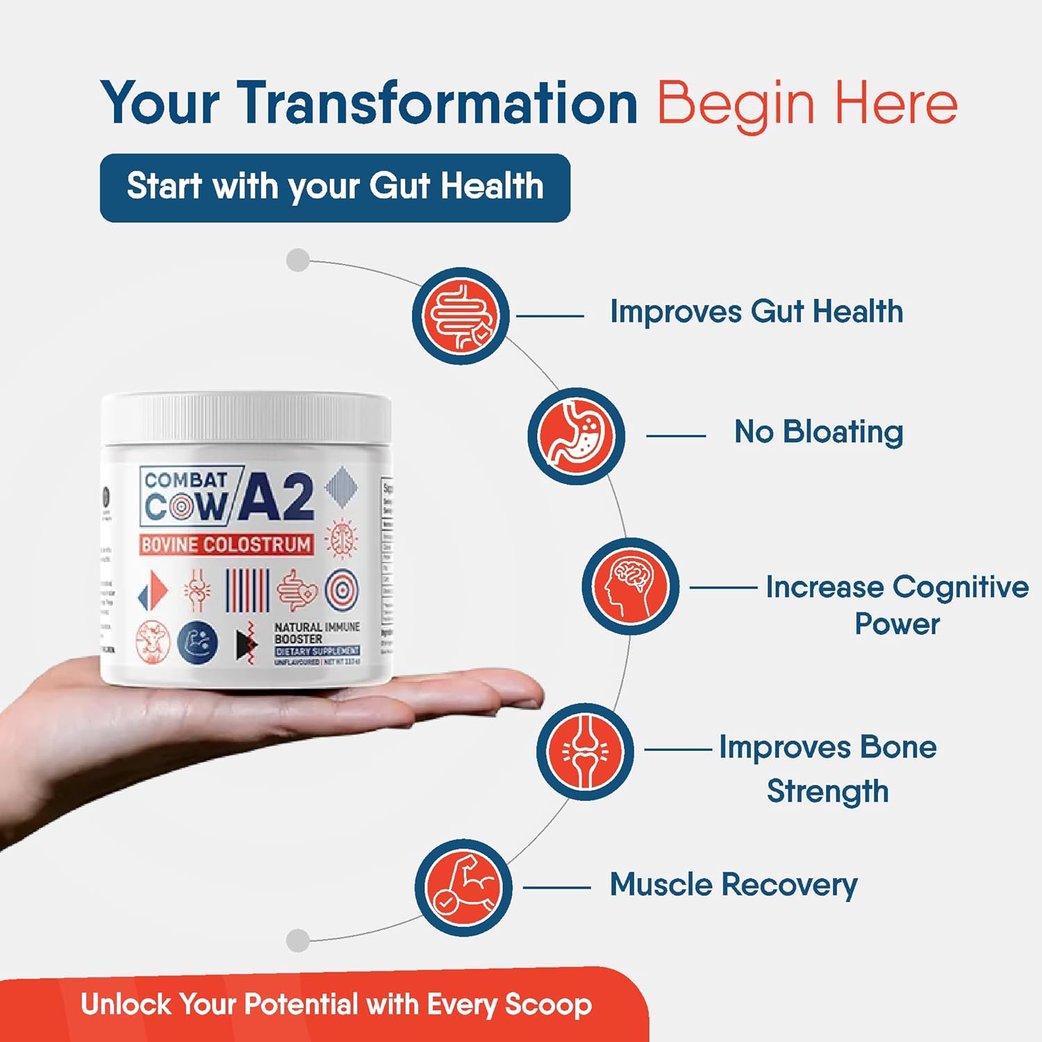 Bovine Colostrum Powder for Gut Health, Immune Support, and Muscle Recovery - Non-GMO, Grass Fed, Unflavoured - 50 Servings