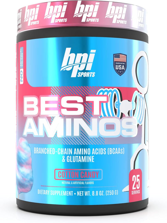 BPI Sports Best Aminos Cotton Candy Flavor - BCAA Powder Post Workout & Glutamine Recovery Drink - 25 Servings for Hydration & Recovery