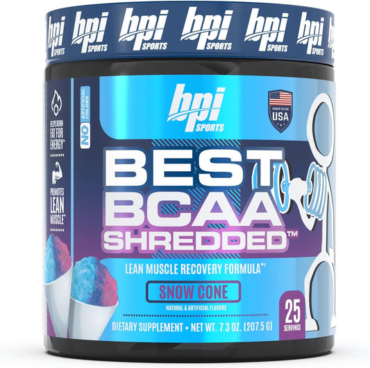 BPI Sports Best BCAA Shredded - Thermogenic Recovery Drink - Caffeine Free - Lean Muscle Building Powder - Preworkout Aminos & Hydration - Snow Cone - 25 Servings