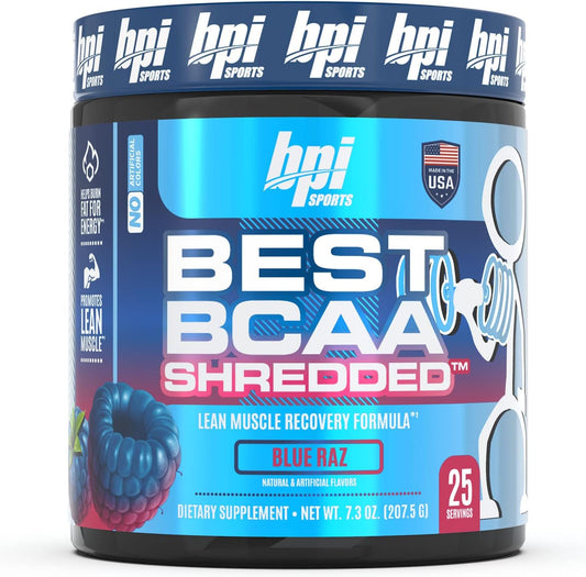 BPI Sports Best BCAA Shredded Blue Raspberry Thermogenic Recovery Formula - Caffeine-Free BCAA Powder for Lean Muscle Building - Accelerated Recovery and Hydration - 25 Servings, 9.7 oz