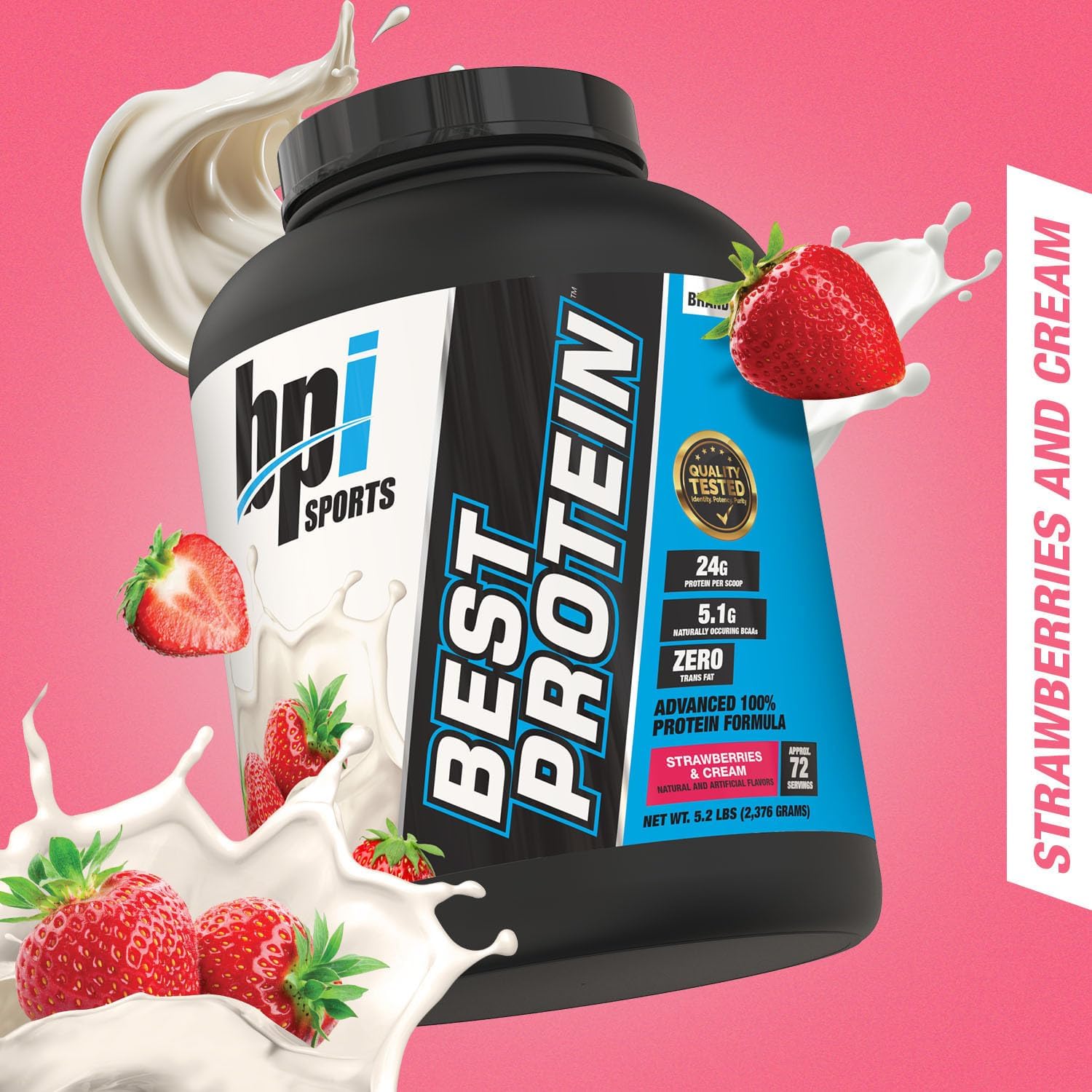 BPI Sports Best Protein: Whey Protein Blend for Muscle Growth & Recovery - Meal Replacement, No Fillers, Gluten-Free - Strawberries & Cream, 5.2 lbs