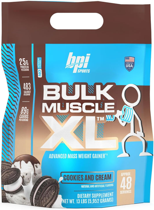 BPI Sports Bulk Muscle XL - Chocolate Cookies & Cream Weight Gainer with 25g Protein, 497 Calories for Muscle Building & Recovery - 13lb Bag