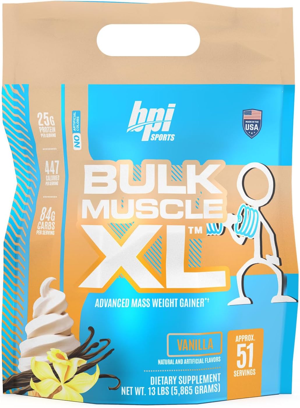 BPI Sports Bulk Muscle XL - High-Calorie Weight Gainer with 25g Protein, Chocolate & Vanilla Flavors, 13lb Bag