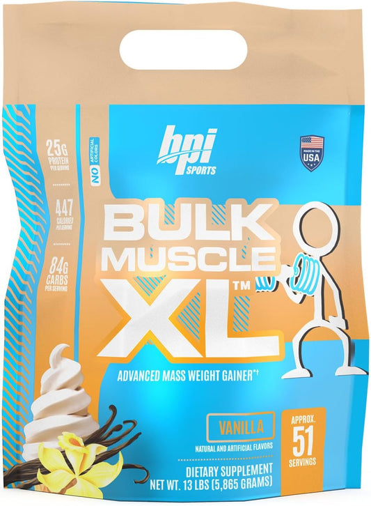 BPI Sports Bulk Muscle XL - High-Calorie Weight Gainer with 25g Protein, Chocolate & Vanilla Flavors, 13lb Bag