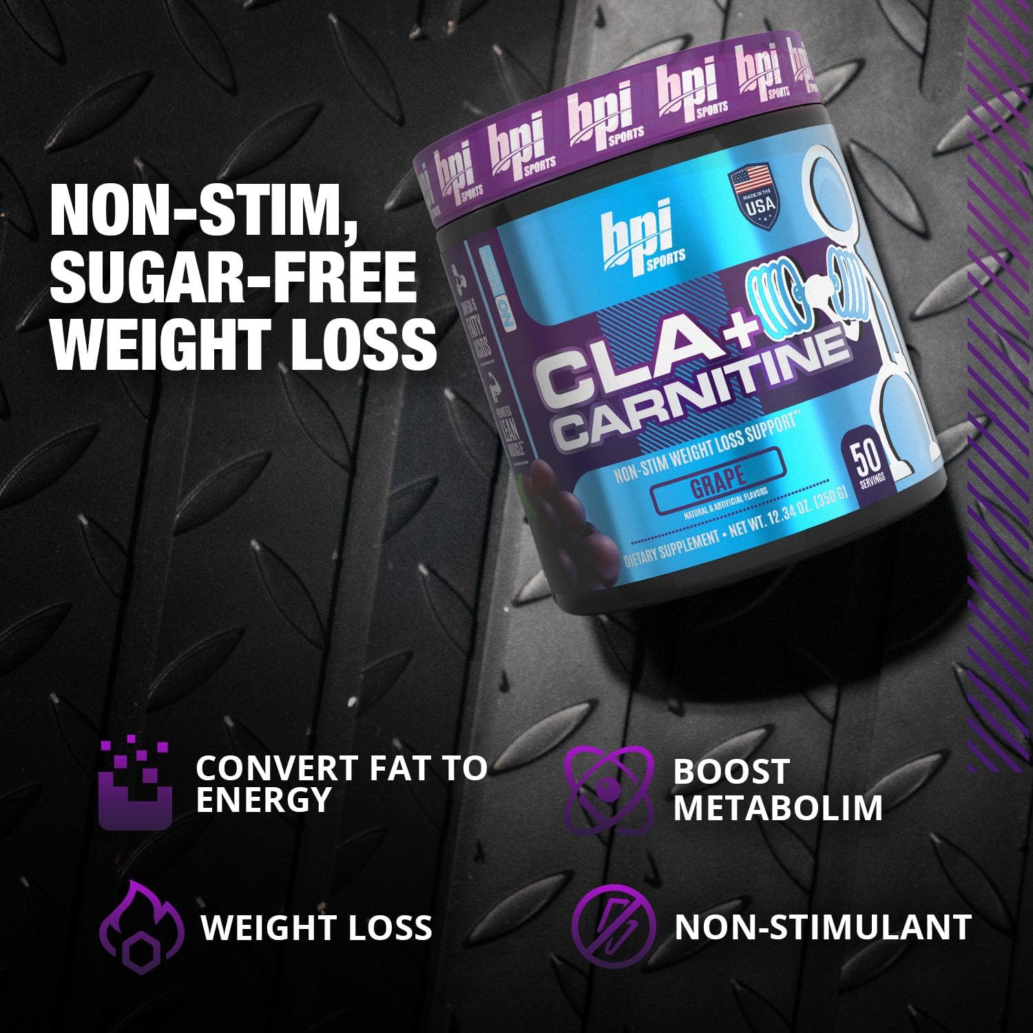 BPI Sports CLA + Carnitine for Performance and Lean Muscle, Caffeine Free, Grape Flavor - 50 Servings, 12.34 Oz