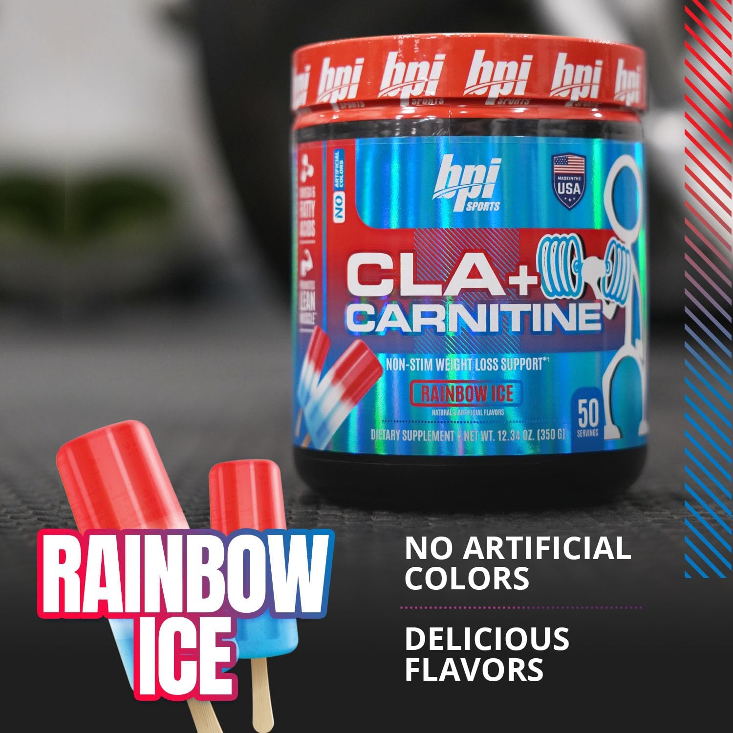 BPI Sports CLA + Carnitine Rainbow Ice Supplement for Lean Muscle & Performance - Caffeine Free for Men & Women - 50 Servings