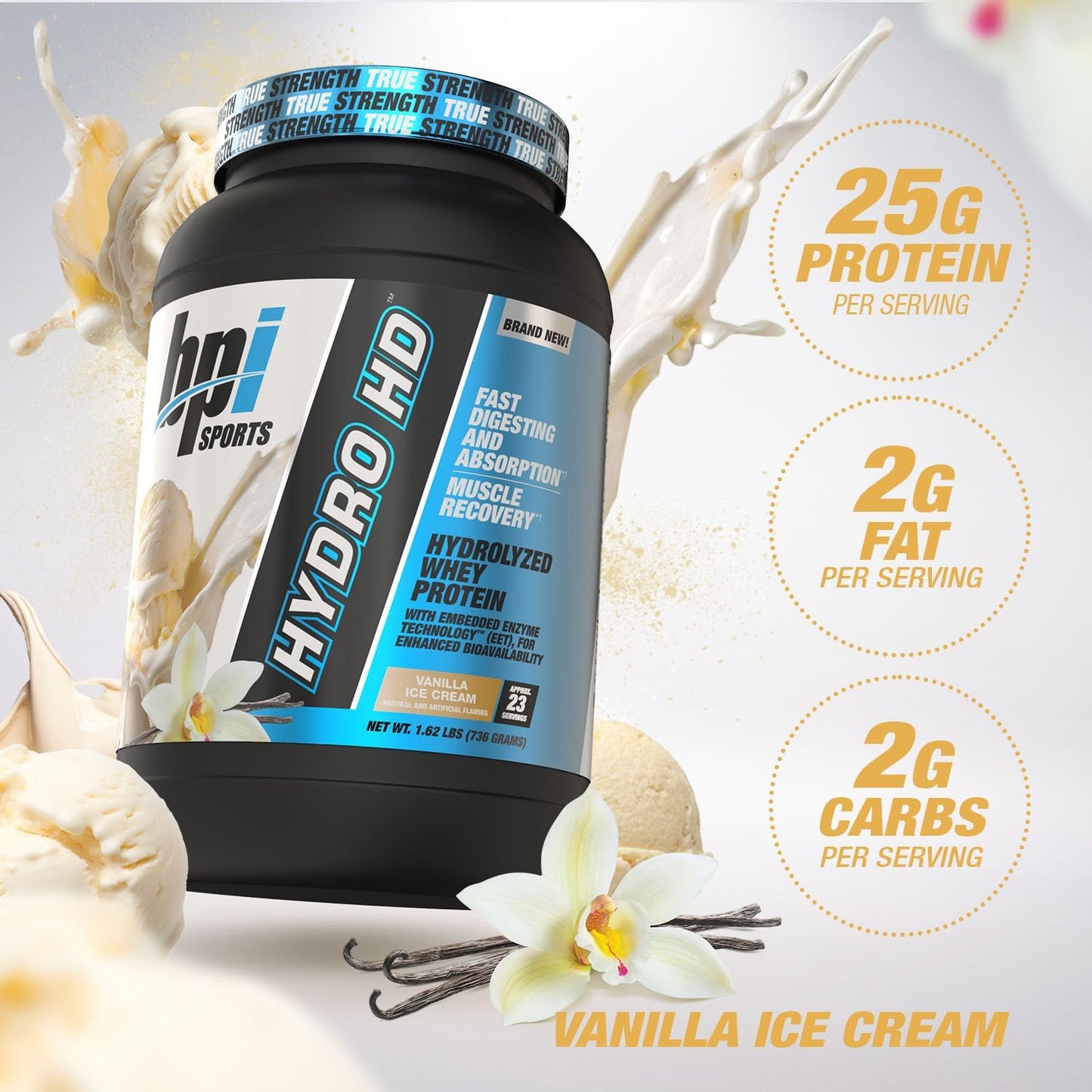 BPI Sports Hydro HD Vanilla Ice Cream Whey Protein Powder - 25g Protein, Fast Absorbing, Muscle Growth & Recovery - Low Carb, Low Sugar - 23 Servings