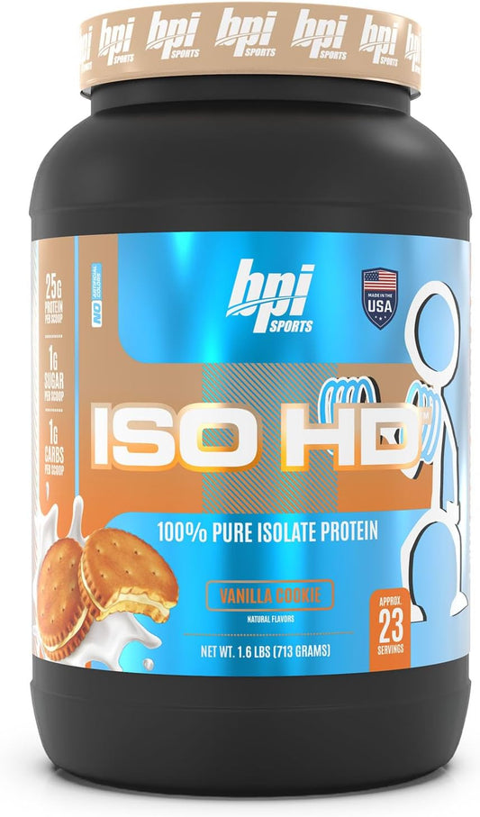 BPI Sports Iso HD Vanilla Cookie Whey Protein Isolate for Muscle Growth, Recovery, Weight Loss - 25.6 oz - Zero Sugar, Low Carb, Low Calorie - Men & Women