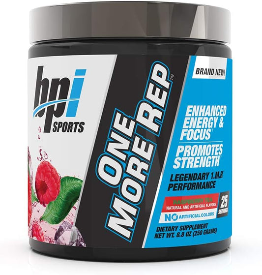 BPI Sports One More Rep Pre Workout Powder - Raspberry Tea Flavor - 25 Servings - With Caffeine, L-Citrulline, Carnitine, and Beetroot - Boost Energy, Strength, and Focus for Men and Women
