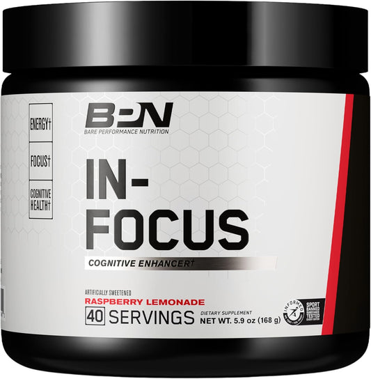 BPN in-Focus Brain Support Supplement - Alpha GPC for Improved Focus & Energy - Raspberry Lemonade Flavor - 40 Servings