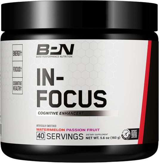 BPN in-Focus Brain Support Supplement - Boost Focus & Energy - Alpha GPC - Watermelon Passionfruit - 40 Servings