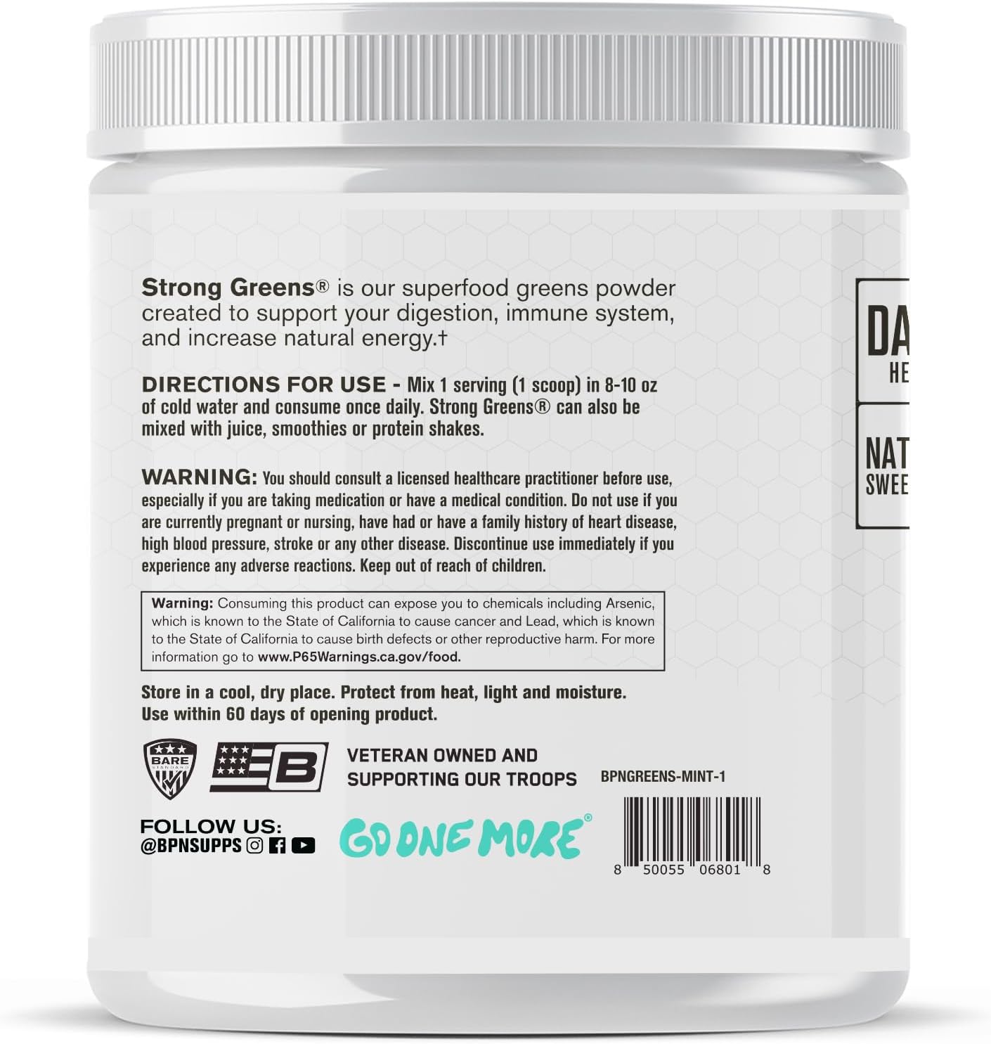 BPN Strong Greens Superfood Powder - Sweet Mint Flavor, 30 Servings, Boosts Digestion, Energy, & Immune System