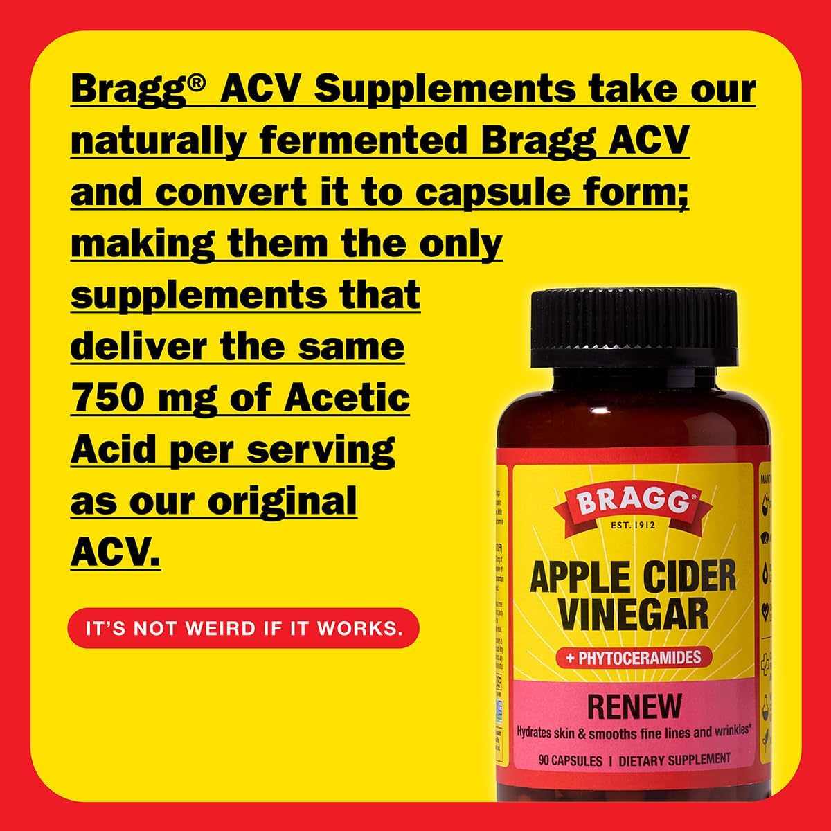 Bragg Renew Apple Cider Vinegar Capsules with Phytoceramides - 90 Capsules for Healthy Skin and Hydration